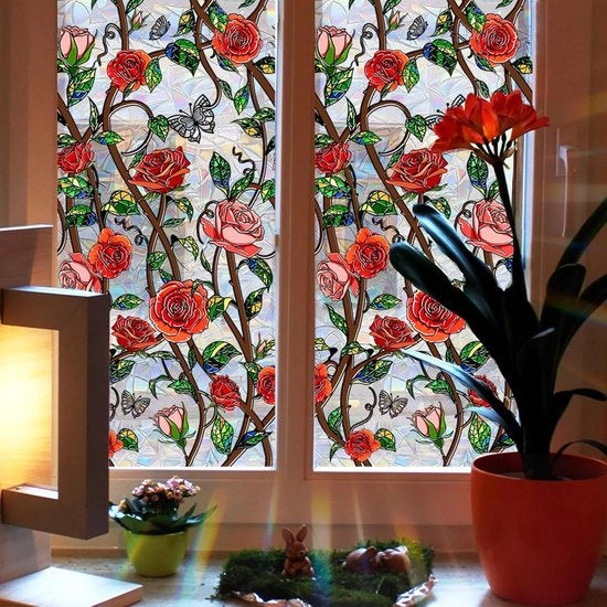 Foglia di protezione per finestre e porte con disegno di fiori rossi farfalle arcobaleno 45x100 cm - Privacy e ombreggiamento per vetri e porte