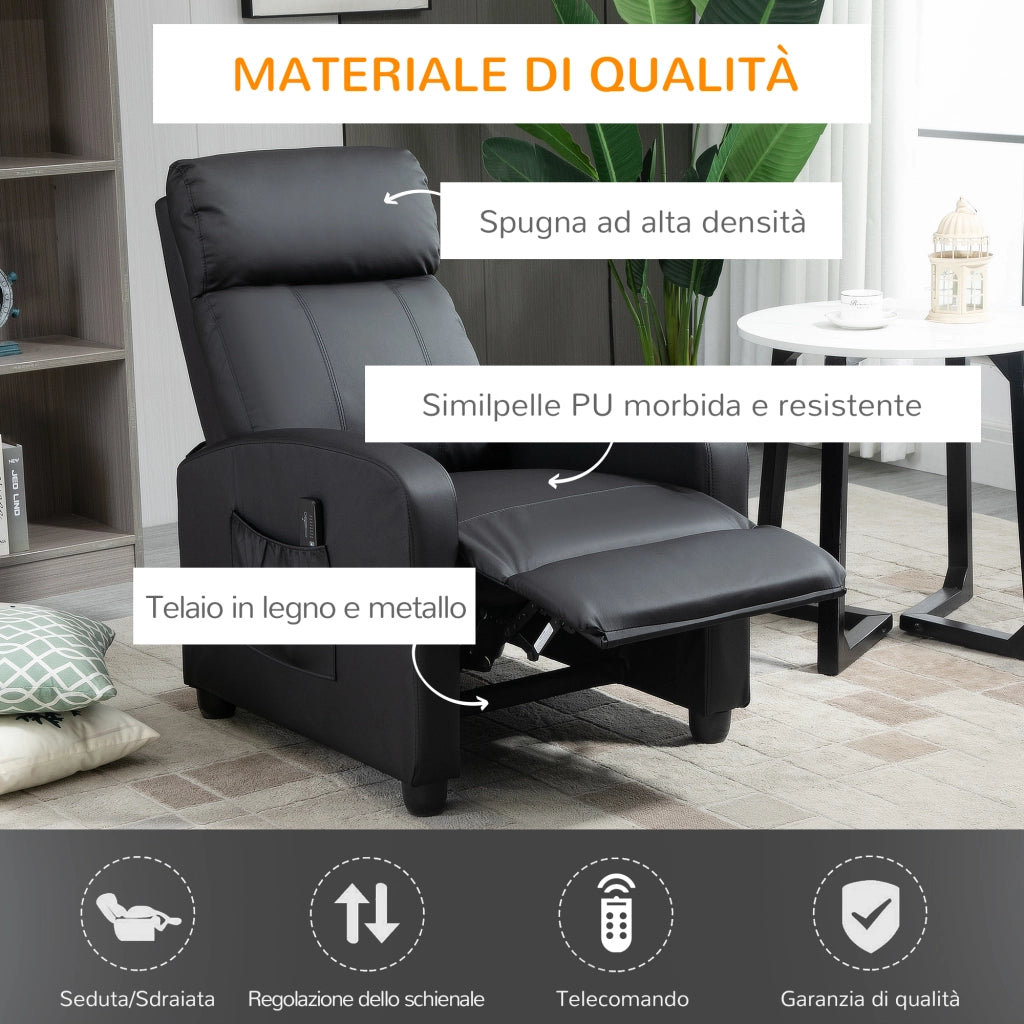EasyComfort Poltrona Relax Massaggiante con Telecomando e 8 Programmi, Reclinazione e Poggiapiedi, 68x88x98cm, Nero