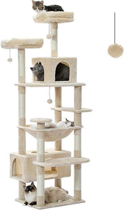 Posto per gatto alto 184 cm con pali in sisal e cuscini - beige