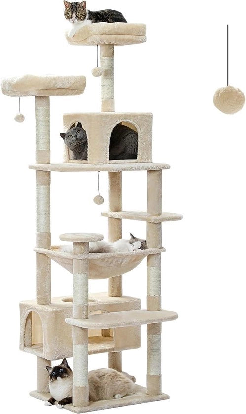 Posto per gatto alto 184 cm con pali in sisal e cuscini - beige
