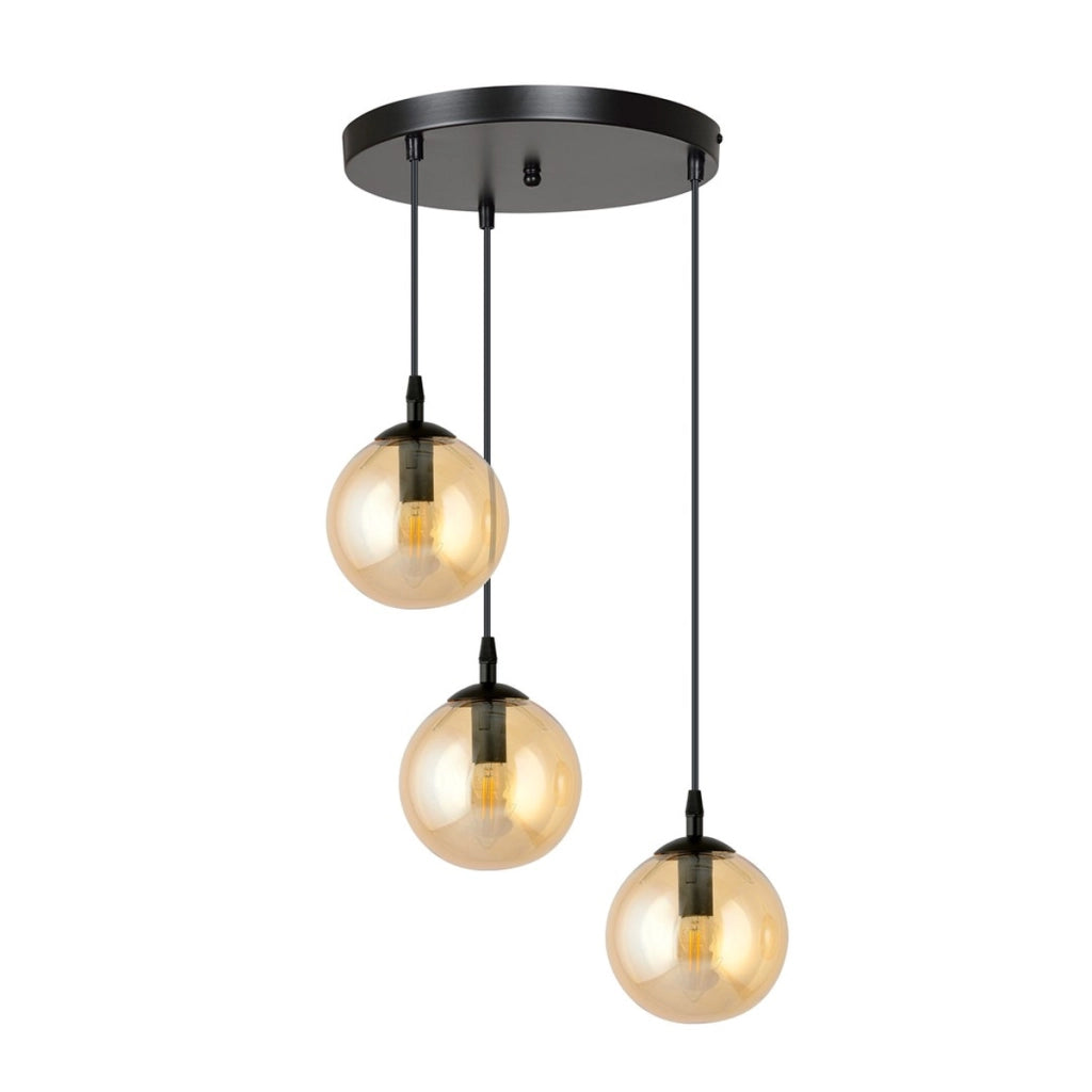 Lampada a sospensione Cosmo in acciaio nero e vetro ambra
