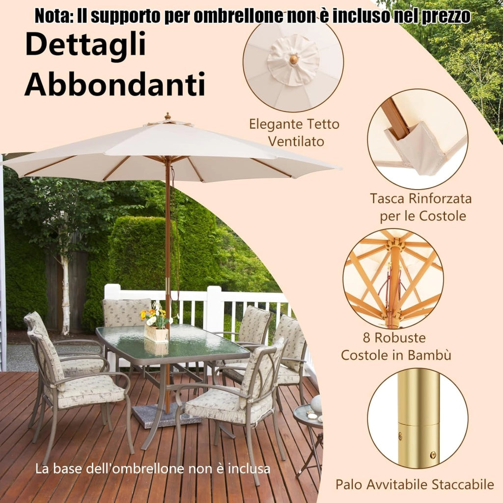 Ombrellone da Giardino 300 x 300 cm, Ombrellone Pieghevole con 8 Stecche di Bambù, 3 Altezze Regolabili, Ombrellone da Parasole Impermeabile, per Giardino Cortile Piscina (Beige)