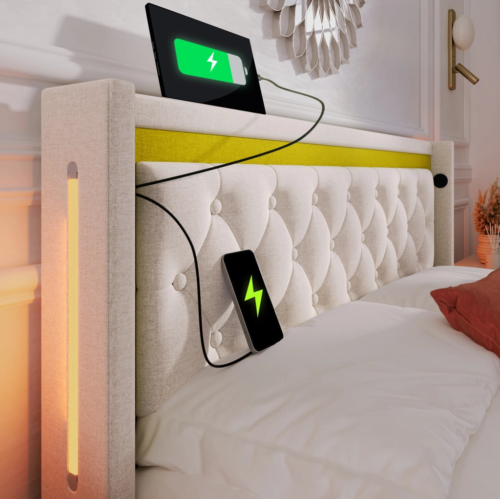Letto 140x200 cm beige chiaro – LED, contenitore e USB-C, con materasso