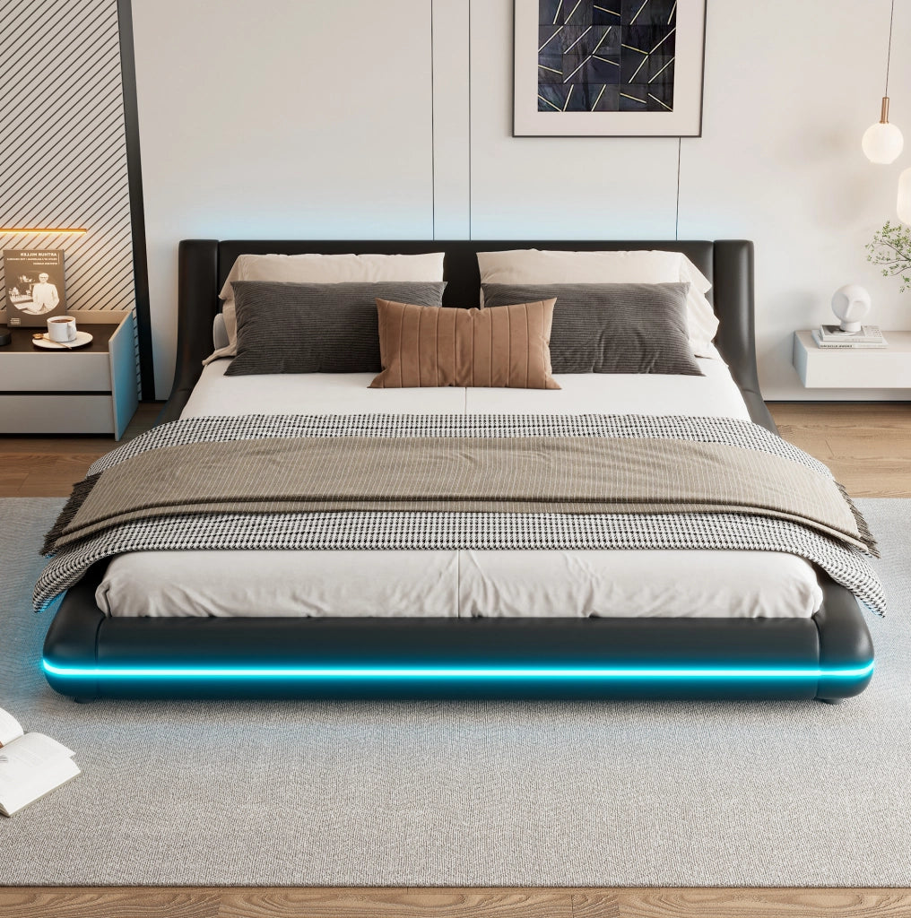 Letto a pavimento 160x200 cm con LED e controllo app in PU nero