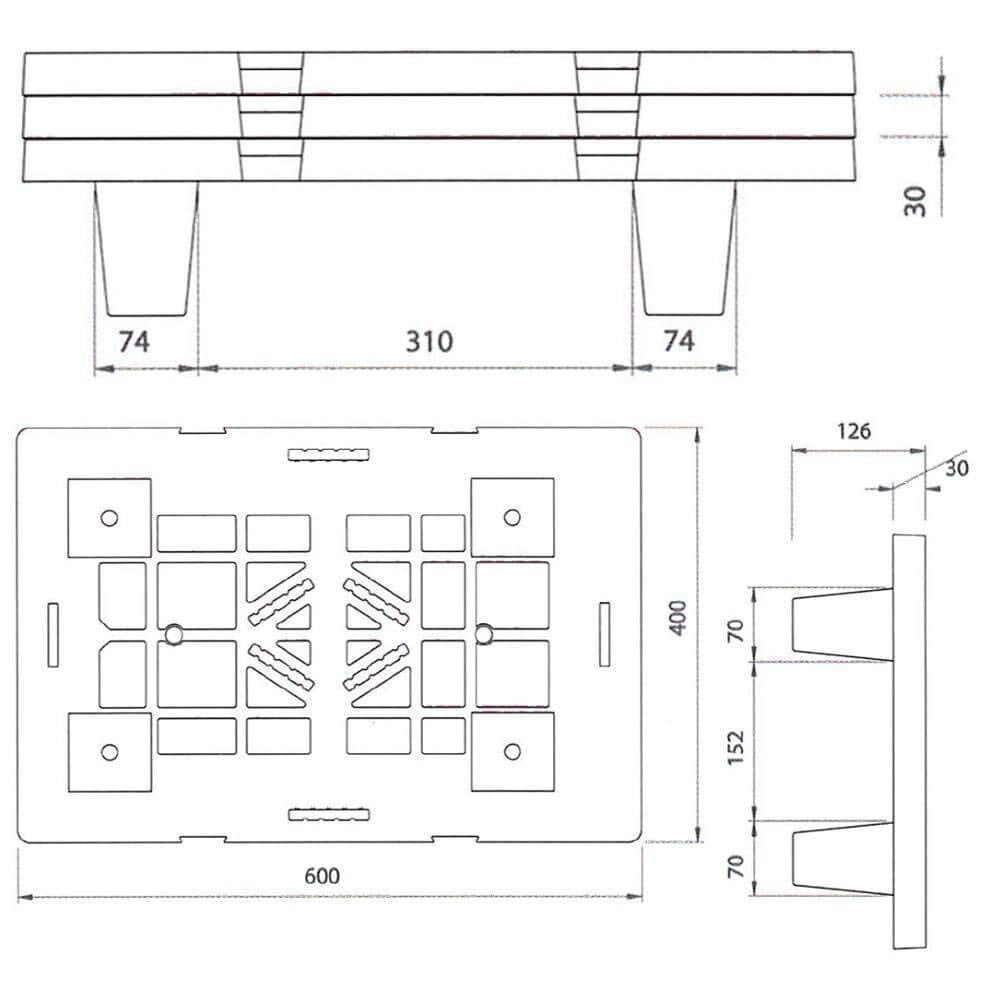 Pallet in plastica riciclata (PP), Mis. 400 L x 600 P x 124 H mm, con 4 piedi, piano forato, portata statica 500 Kg, portata dinamica 400 Kg