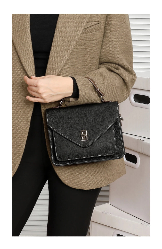 Nuova borsa a tracolla francese, piccola borsa quadrata in vera pelle, borsa a mano nera