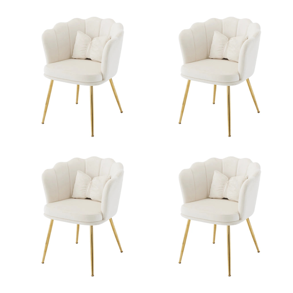 Fauteuil set da 4 in velluto con schienale a petalo e gambe in metallo dorato per soggiorno e sala da pranzo beige