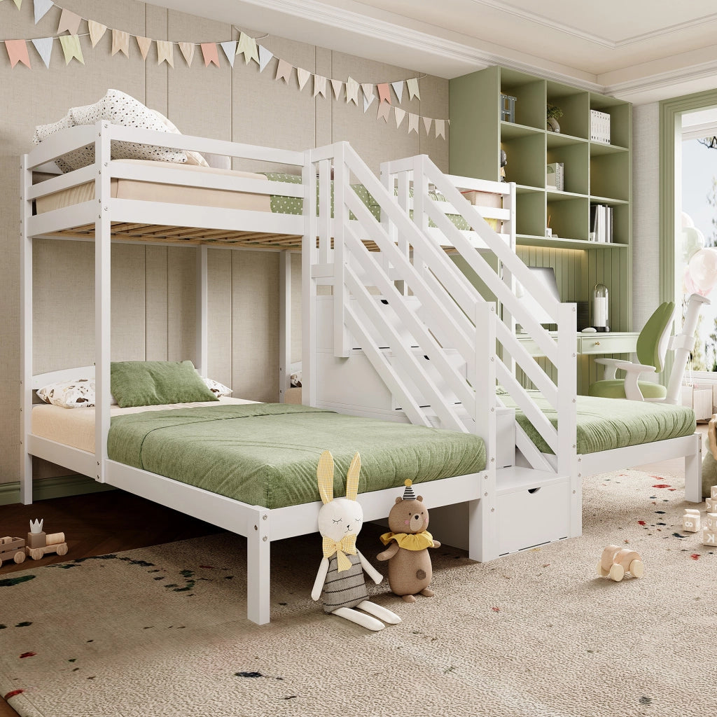 Letto a castello bianco in pino con funzione contenitore e parapetto 90x200 cm
