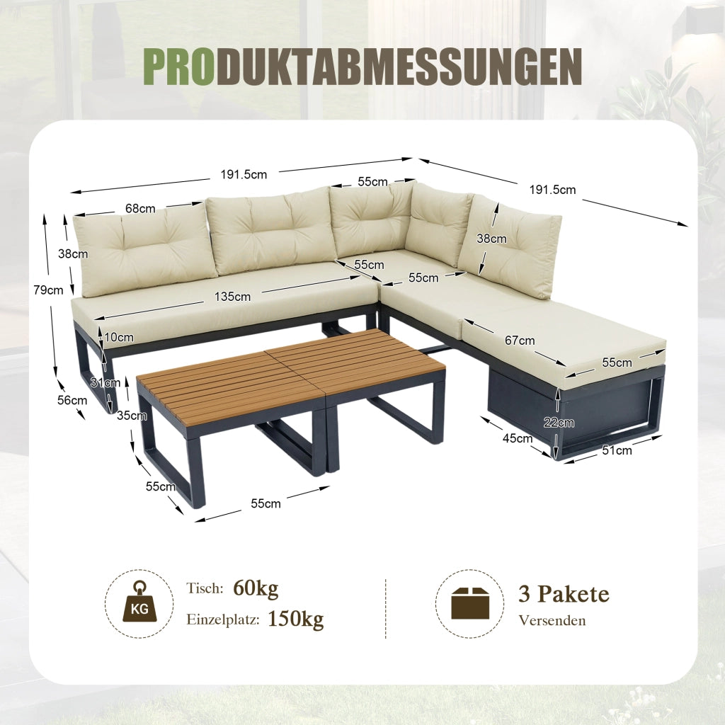 Salotto da Giardino con Divano Modulare; Tavolino e Vano Contenitore; Schienale Regolabile a 3 Posizioni; Poliestere Beige
