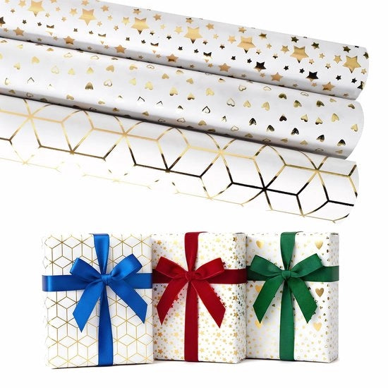 Set di carta da regalo a 3 rotoli, set di carta da regalo con adesivo e biglietto di auguri, 43 cm x 3 m, carta da regalo in foglio d'oro lussuoso, rotolo, sacchetti da regalo riciclabili per compleanni, vacanze di Natale