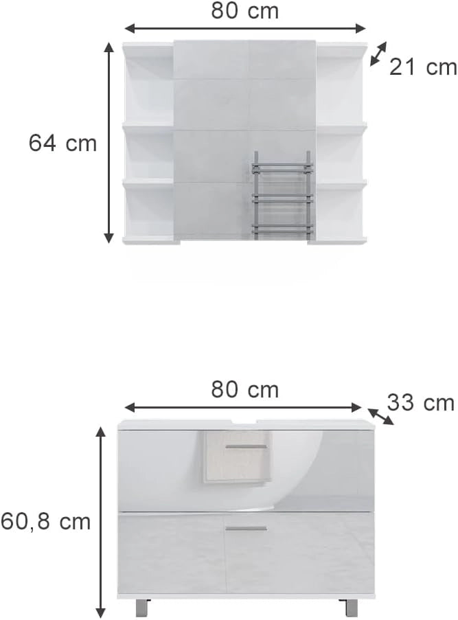 Set di mobili da bagno Ilias, Bianco lucido, 80.2 cm, composto da specchio da bagno e mobile sottolavabo