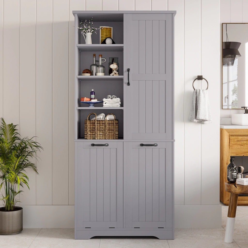 Armadietto da bagno con cesti portabiancheria e ripiani regolabili per bagno in MDF grigio 78 × 35 × 172 cm