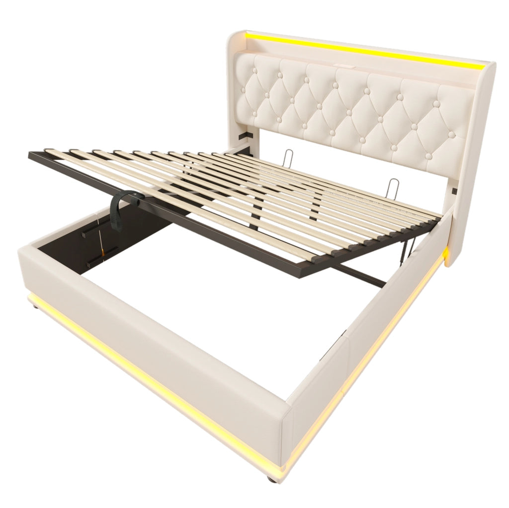 Letto matrimoniale imbottito 160x200 cm con LED; USB e contenitore idraulico; bianco PU