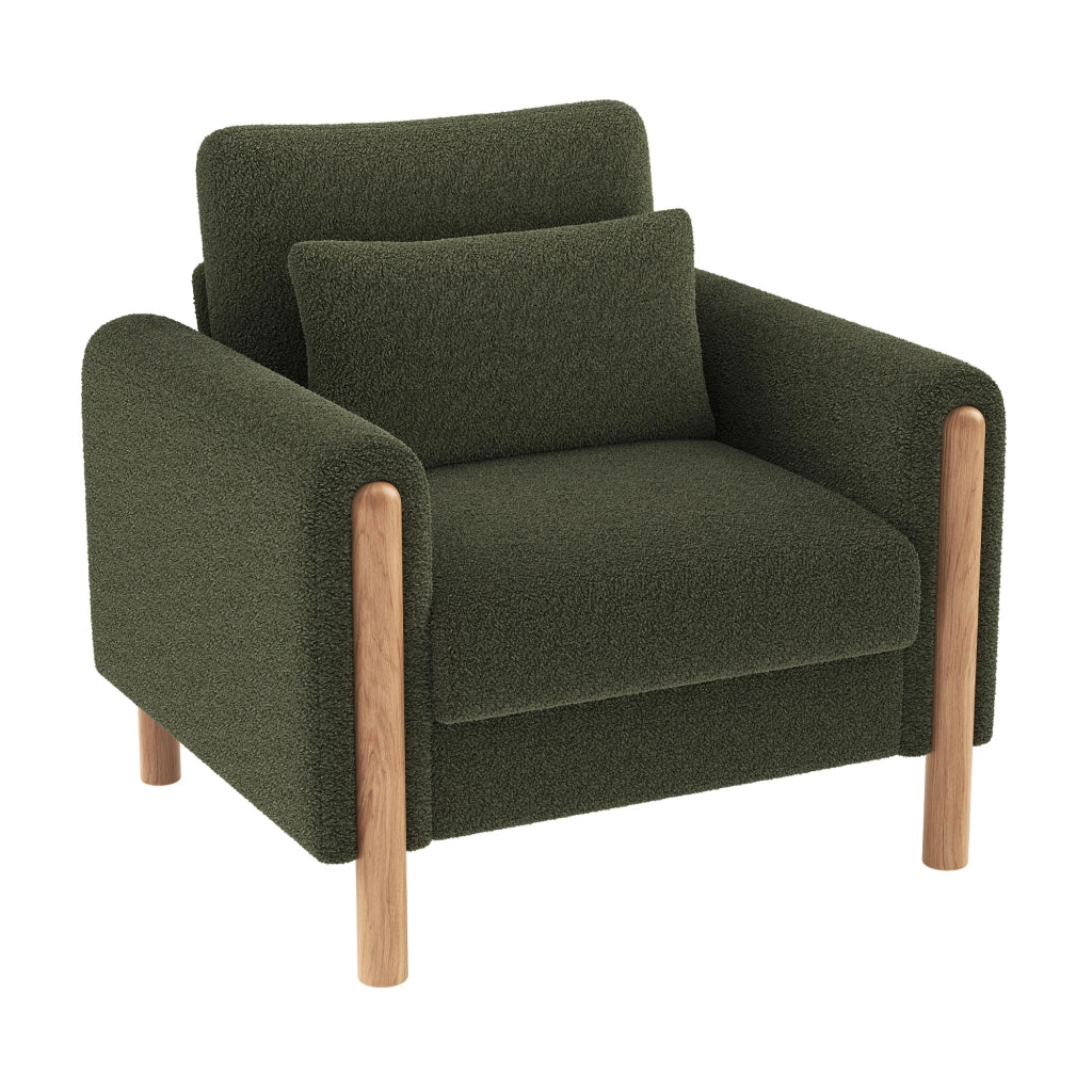 Poltrona 87x83x88.5 cm con cuscino spesso e struttura in legno; tessuto Teddy verde