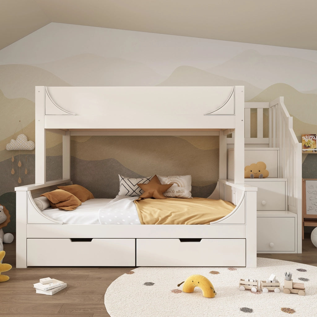 LETTO a castello con armadio scala e cassetti 90x200/140x200 cm bianco