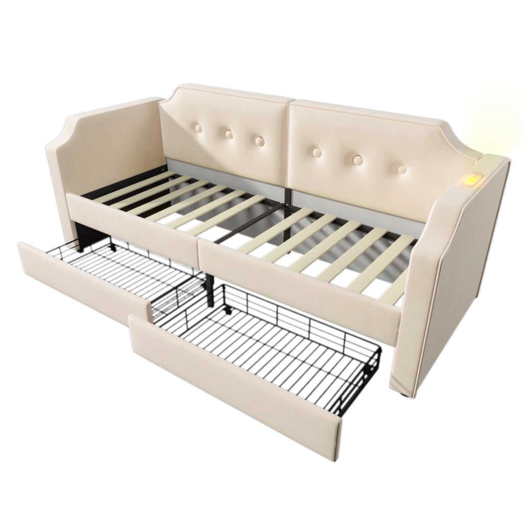 Letto imbottito 90x200 cm in velluto beige con USB Type-C; lampada e 2 cassetti