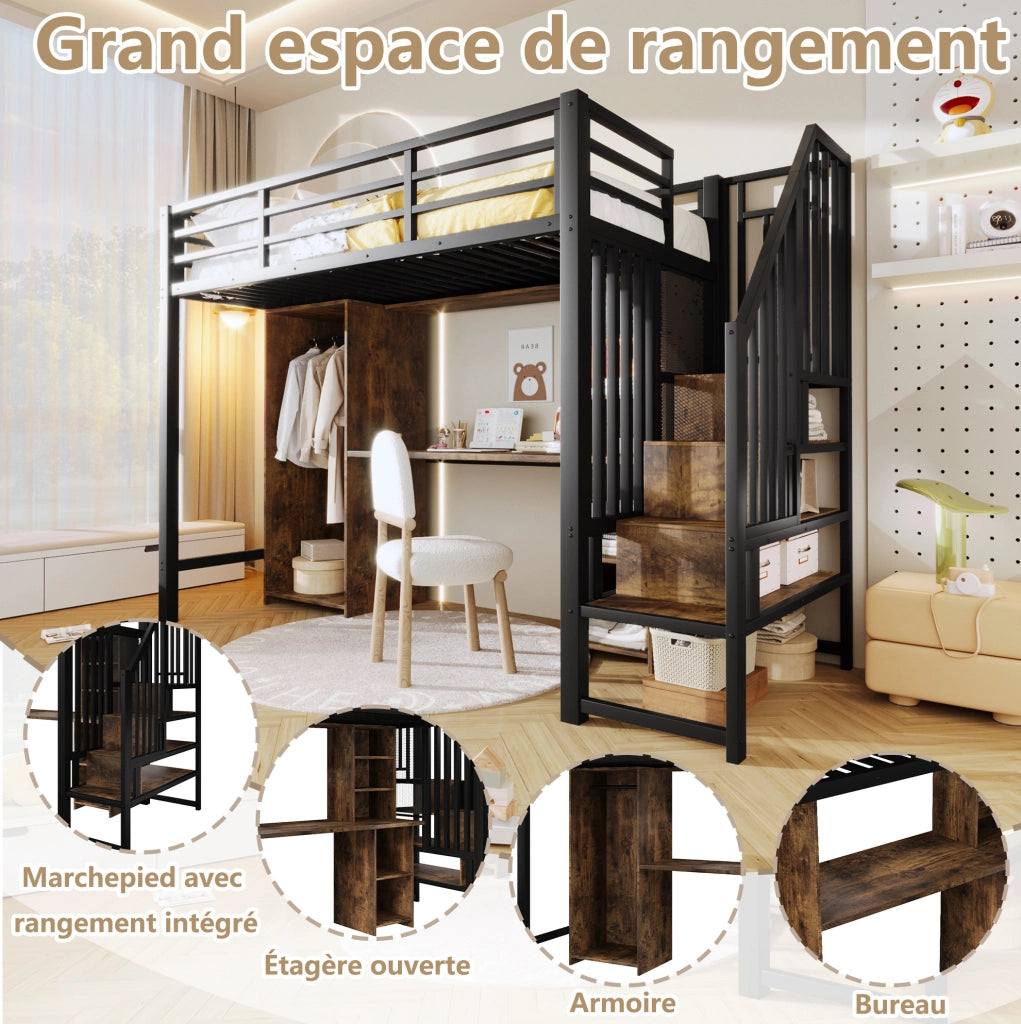Letto a soppalco ULEVR 90x200 cm con armadio, scrivania e gradini contenitore, metallo e MDF nero