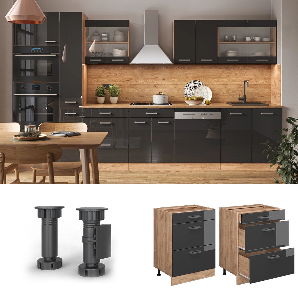 Mobiletto base per cucina R-Line Antracite lucido/Rovere dorato 60 cm con cassetti, senza piano di lavoro Vicco