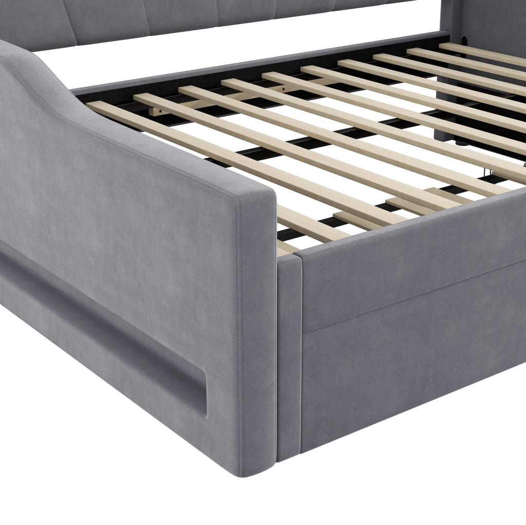 Letto daybed imbottito 140x200 cm con letto estraibile e LED; grigio