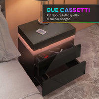 Comodino 45x35x52 cm Illuminazione LED a 16 Colori e 4 Modalità con 2 Cassetti in Legno Nero