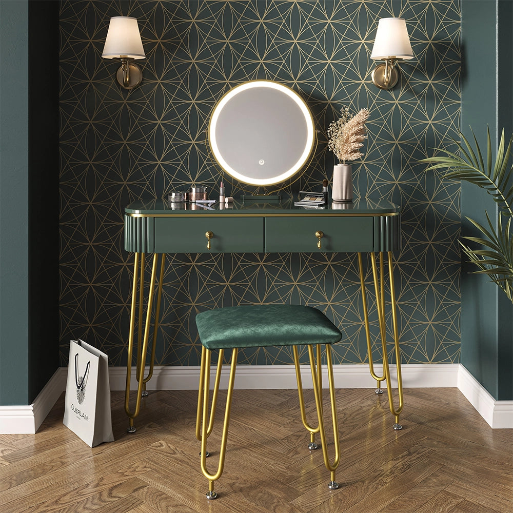 Vicco Tavolo da toeletta Verde scuro lucido 100 cm con illuminazione LED e sgabello