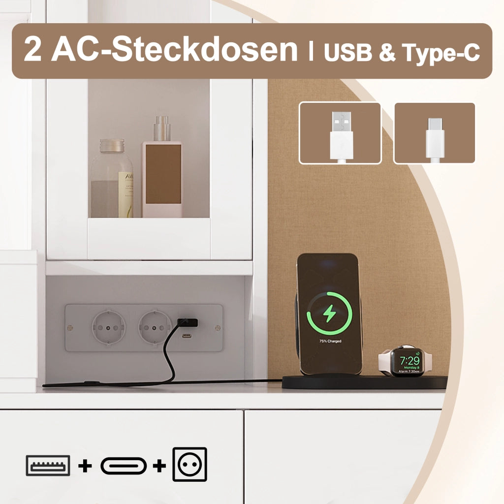 Toeletta con specchio LED, 8 cassetti, vetrina in vetro, prese USB e USB-C, bianca, 131.5 × 40 × 140 cm