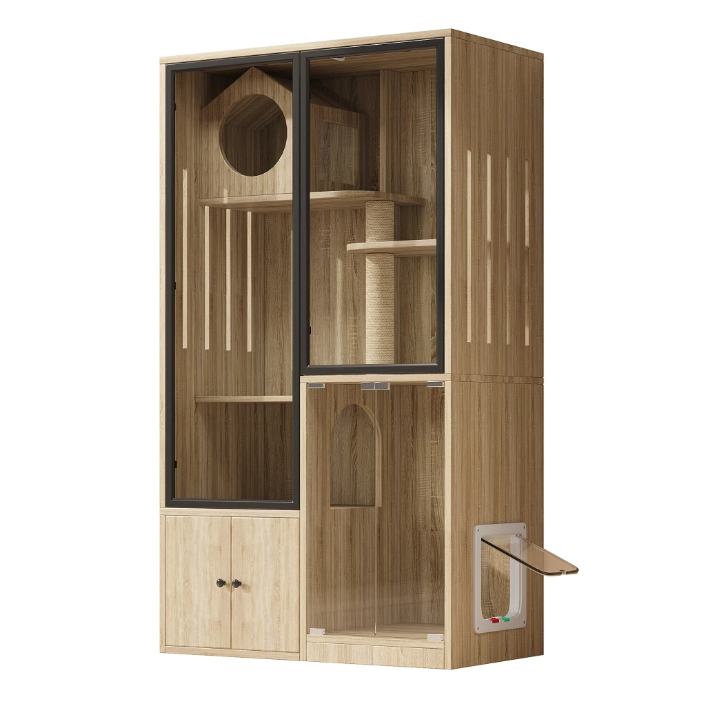 Villa per Gatti 90×50×160 cm con Porta Regolabile; Ripiani Multilivello; Tiragraffi e Vetro; Effetto Legno