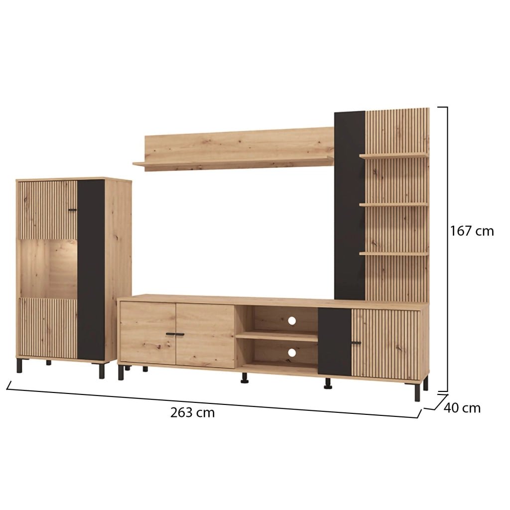 Mobile Soggiorno Petrona, Parete Attrezzata 8 Ripiani, 263x40x167h cm Marrone Rovere Nodi