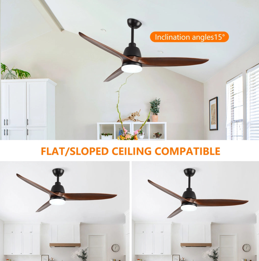 Ventilatore da soffitto 52" con luce LED, 3 pale in legno, nero e noce scuro
