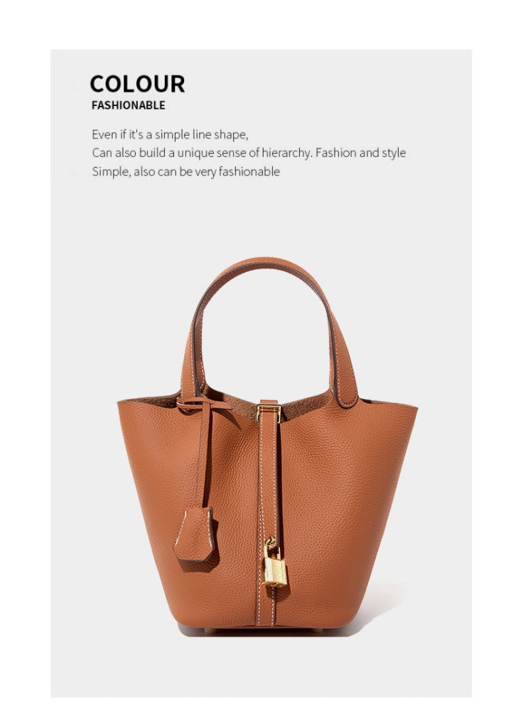 Borsa a mano da donna in vera pelle, a tracolla, a secchiello, tote bag, marrone