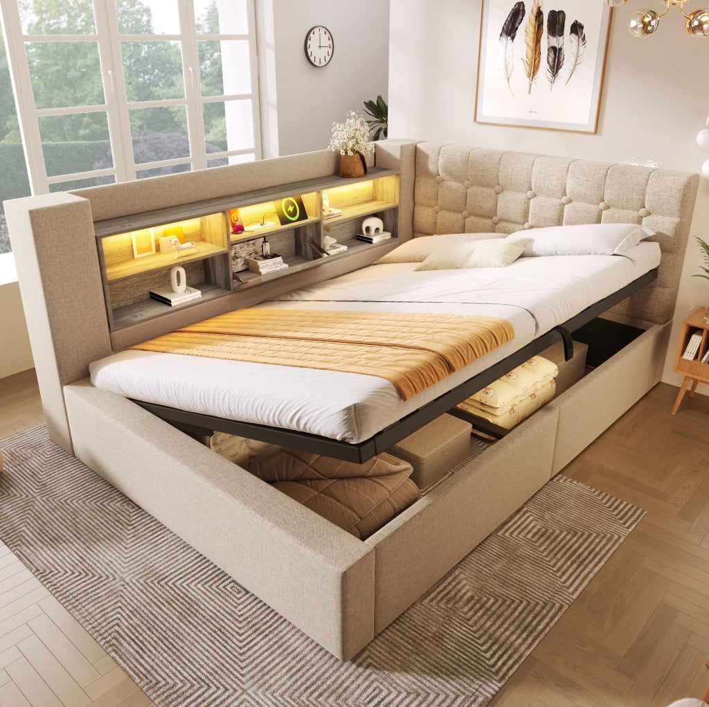 Letto imbottito con LED e vano contenitore