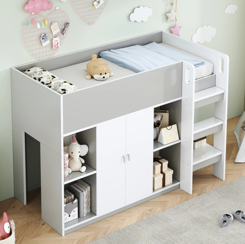 Letto a soppalco ULEVR 90x200 cm con armadio, ripiani aperti e scala integrata, bianco e grigio