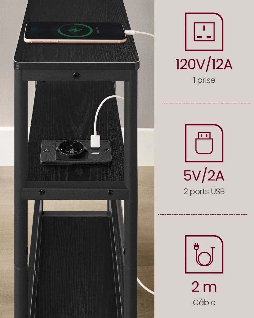 Tavolino sottile con multipresa 18 x 45 x 58 cm comodino a 3 ripiani tavolino per piccoli spazi portariviste soggiorno camera da letto ufficio tavolini laterali nero 12_0007556