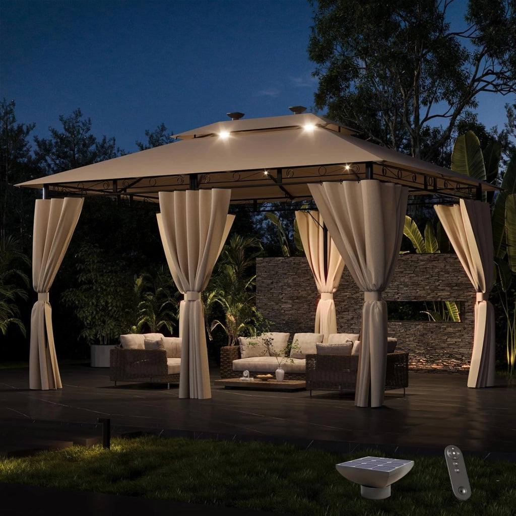 Gazebo Esterno Resistente 3x4m con Luce LED, Gazebo da Giardino Impermeabile Robusto per 6-8 Persone, Doppio Tetto Protezione UV50+, Tenda da Giardino per Famiglie Festival Eventi, Beige