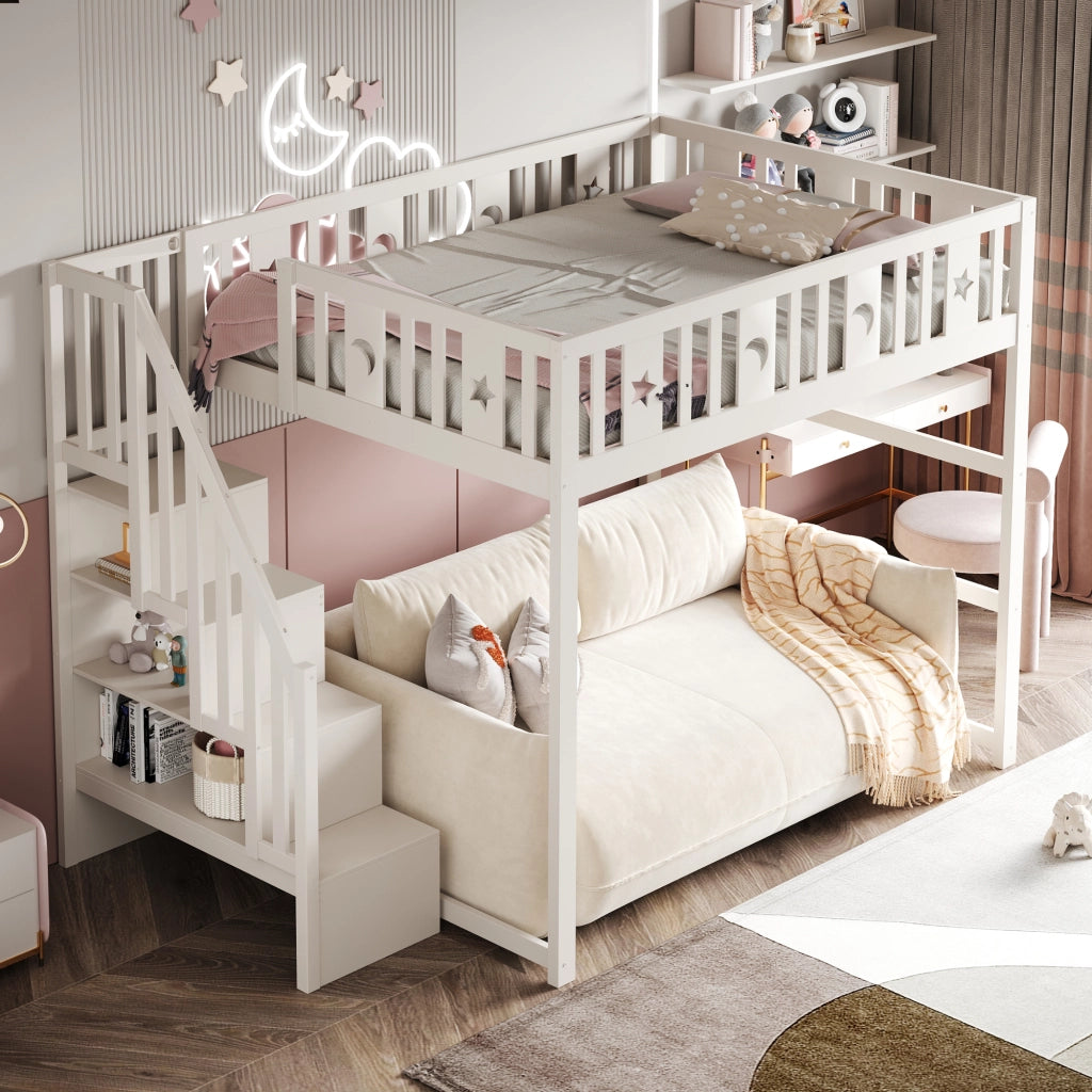 OKWISH Letto a Soppalco 140×200 cm, Letto Singolo con Scala, Scaffali e Sponda, senza Materasso, in Legno, Bianco
