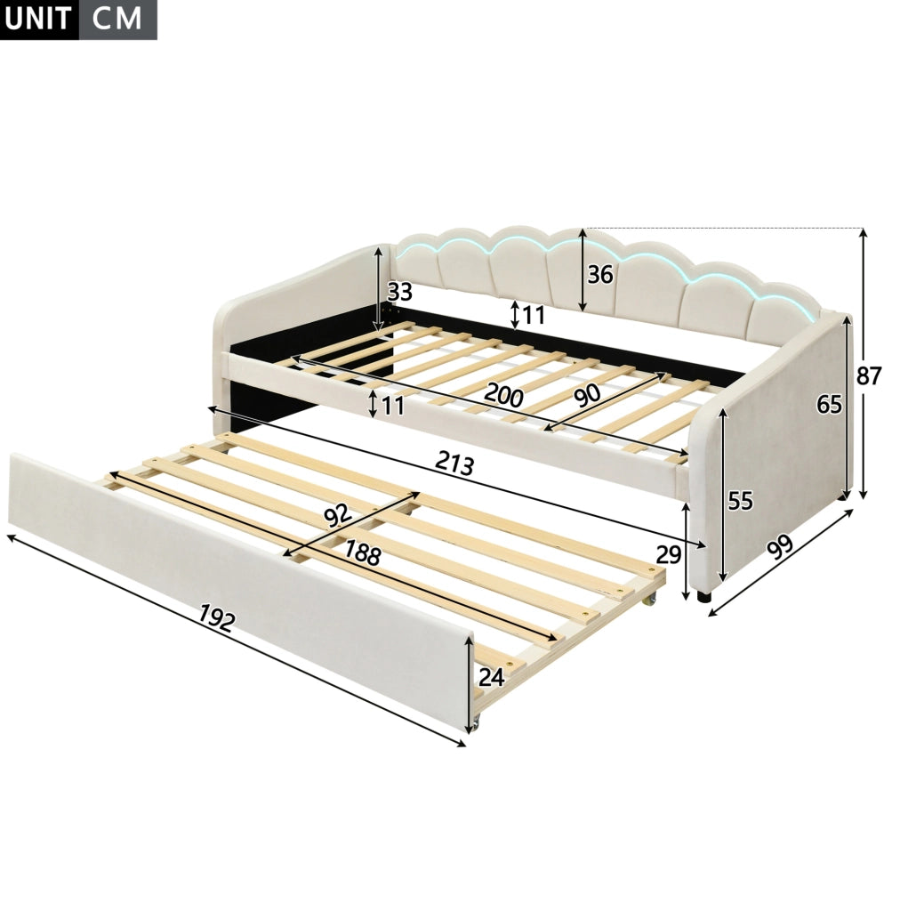 Divano letto 90x200 cm con letto estraibile e luci LED; velluto; beige (Senza materasso)