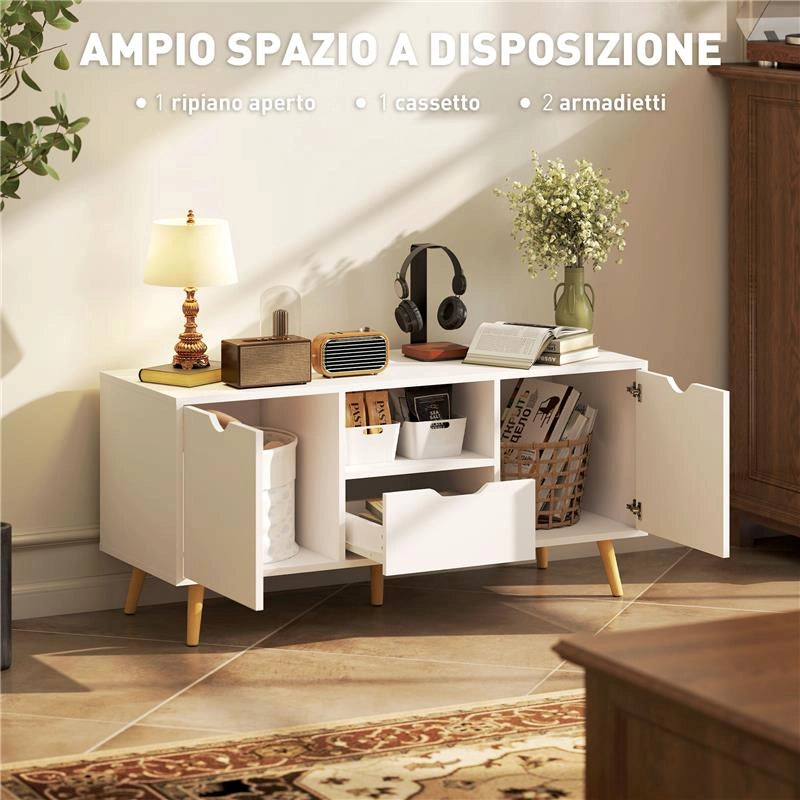MOBILE PORTA TV MAX 50" CON CASSETTO, RIPIANO APERTO E ARMADIETTI, 110X40X50 CM, BIANCO E LEGNO