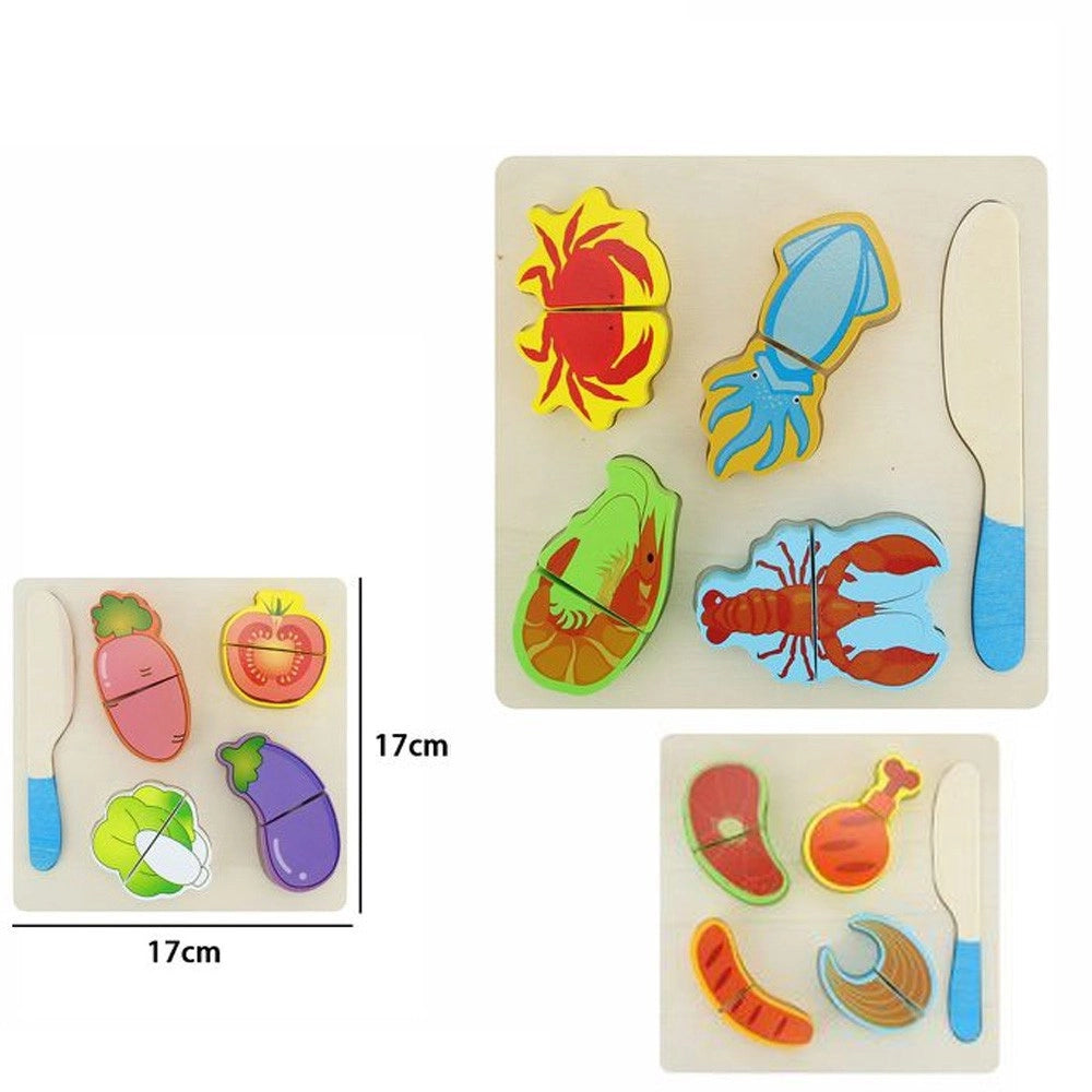 Trade Shop - Puzzle 3d Blocchi Legno Educativo Colorato Gioco Bambini Verdure Frutti Mare -