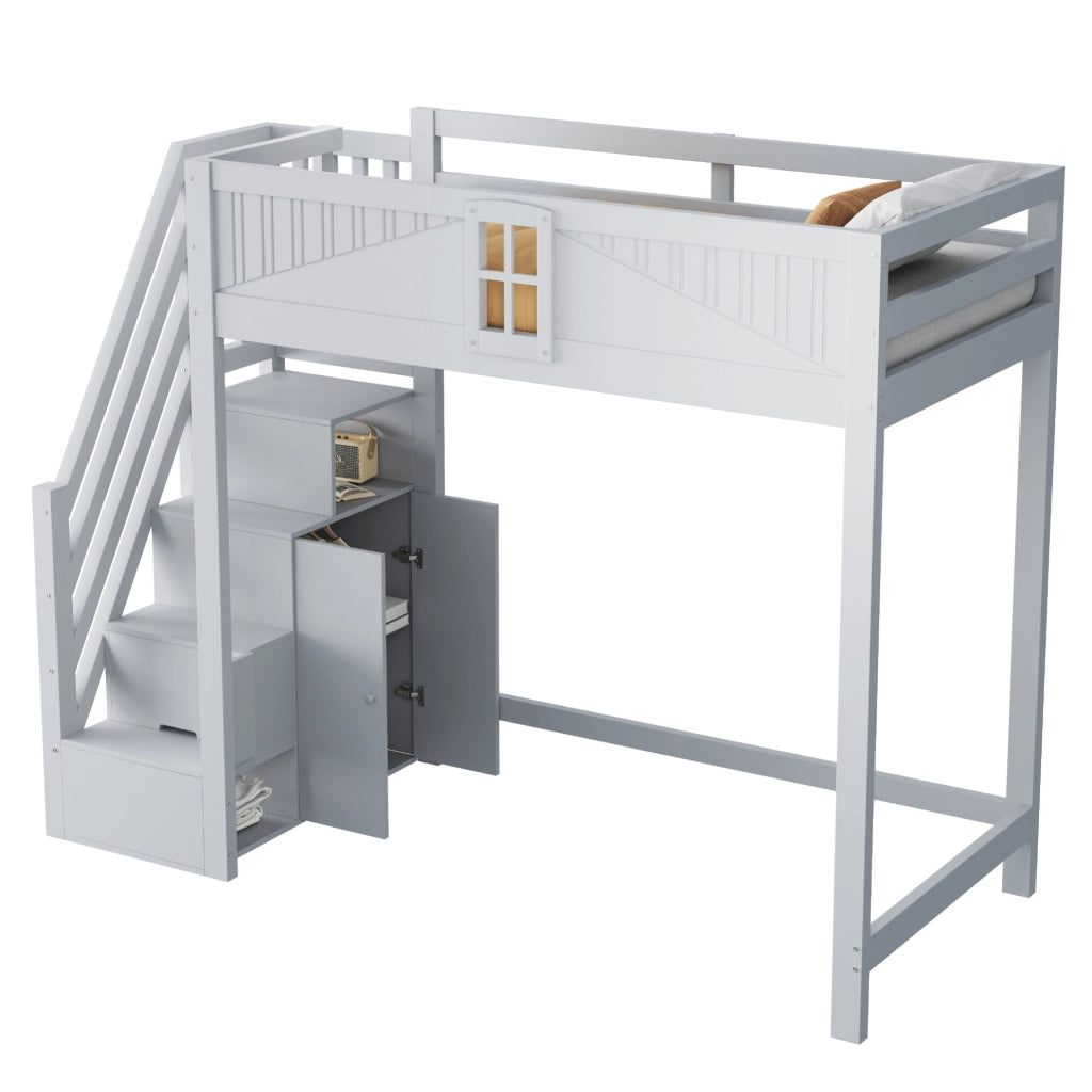 Letto a soppalco 90x200 cm in legno massello con scala reversibile e vano contenitore; grigio