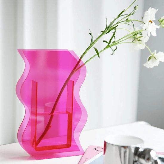 Vaso in acrilico, design moderno, decorazione estetica per la camera, trasparente, a forma di onda, inaccostabile, decorazione retro, arte in acrilico, vaso, decorazione, camera da letto, soggiorno, tavolo, ufficio, rosa.