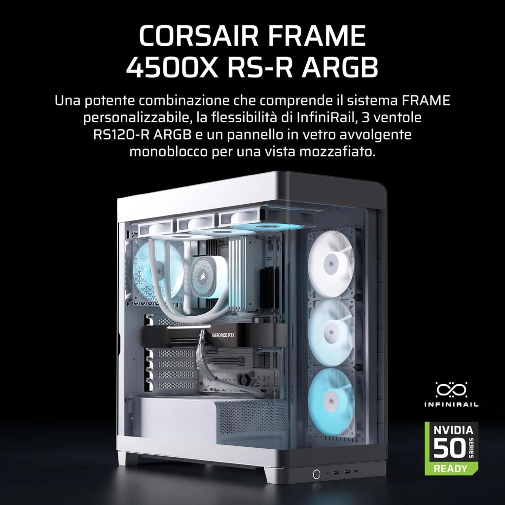 FRAME 4500X RS-R ARGB Case Mid-Tower per PC con Vetro Panoramico – Sistema di Montaggio InfiniRail, Adatto a Due Radiatori da 360 mm, Anti-Sag della GPU, Include 3 Ventole RS120R – Bianco