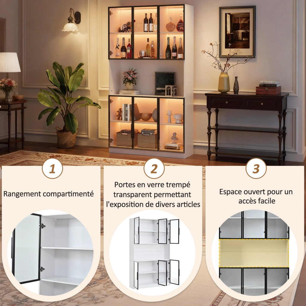 Vetrina alta con LED, 6 ante in vetro e chiusura ammortizzata, per soggiorno, in MDF e vetro, bianco, 120 × 34 × 200 cm