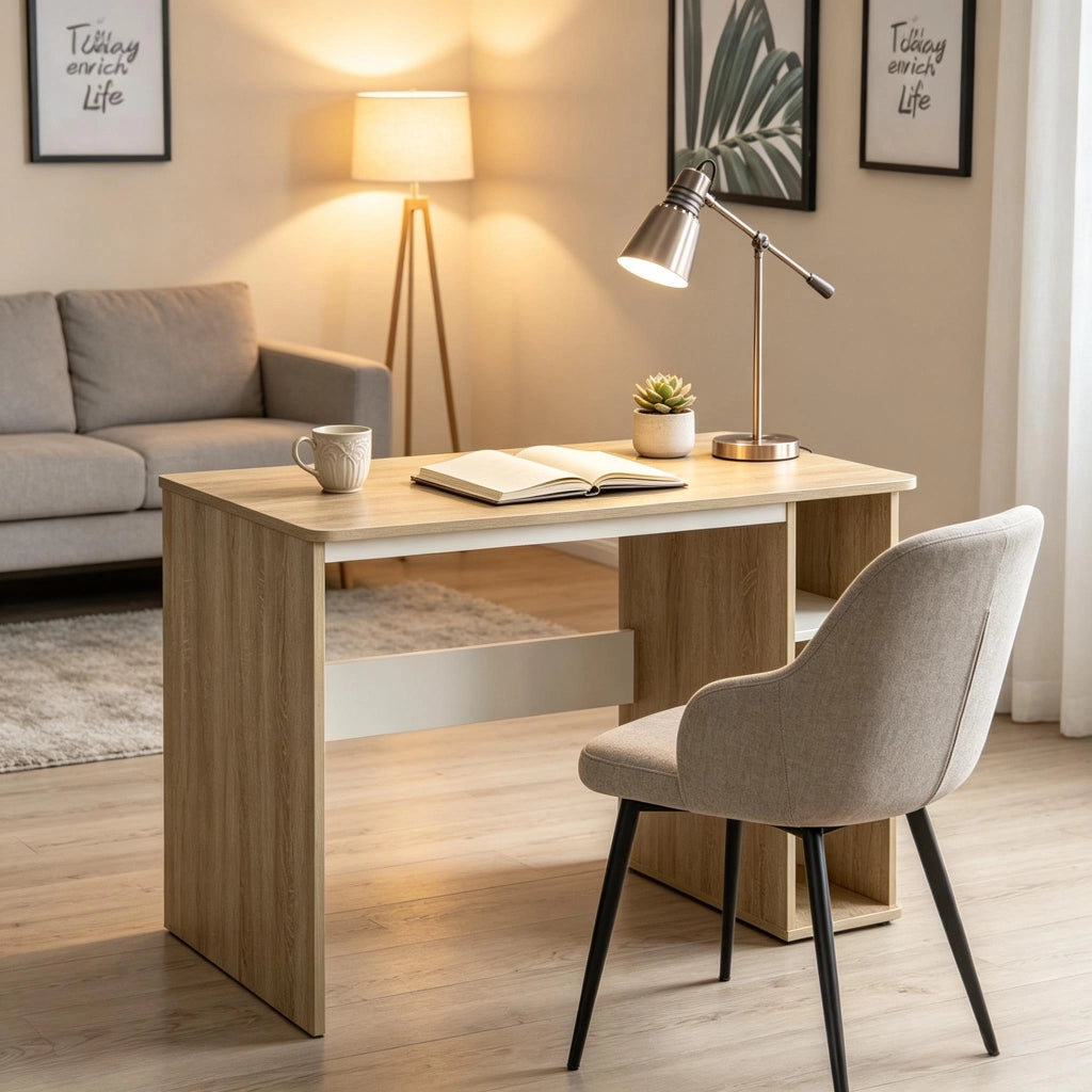 Scrivania lineare con ripiano, in truciolato, bianco e rovere chiaro, per camera da letto e ufficio, 100 × 44 × 74 cm
