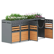 Box Porta Bidoni 4 Posti con Tetto Fioriera; Acciaio Zincato Antracite; Ante Effetto Legno; per Esterno