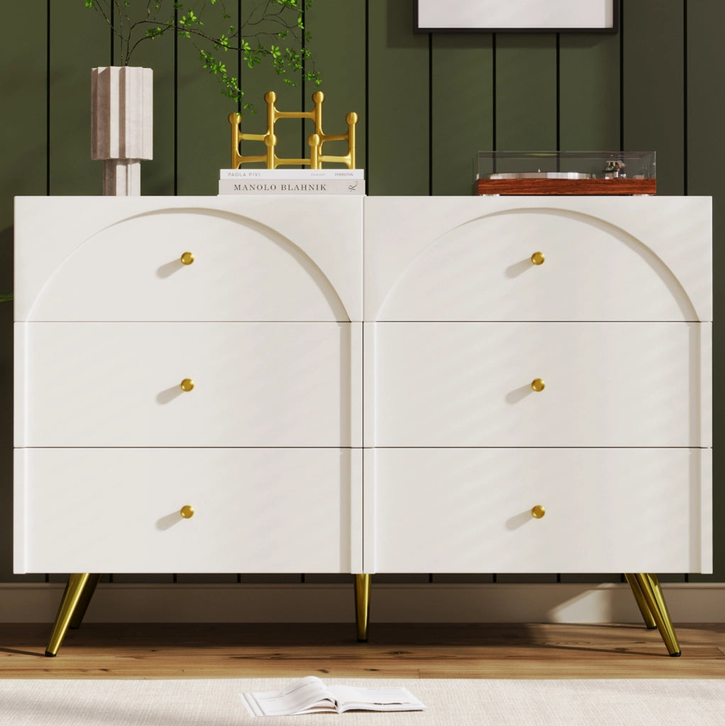 Cassettiera con 6 cassetti frontali curvi 120x40x85 cm; in truciolare e metallo; crema bianco