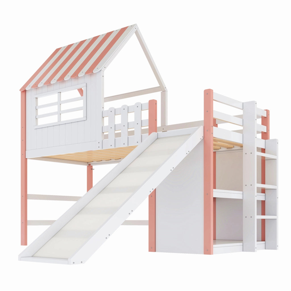 Letto a castello rosa in legno massello e MDF con scivolo e scala di sicurezza 90x200 cm