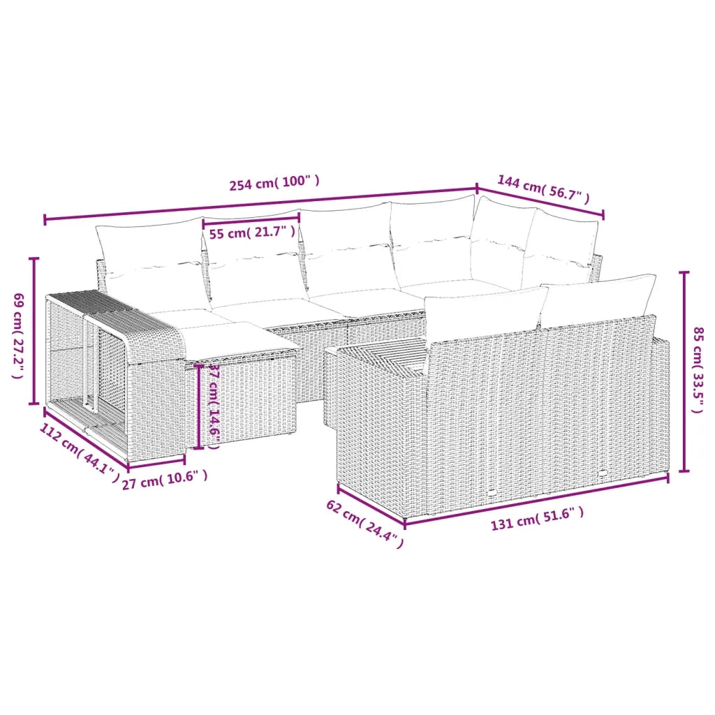 Set Divani da Giardino 11 pz con Cuscini in Polyrattan Grigio