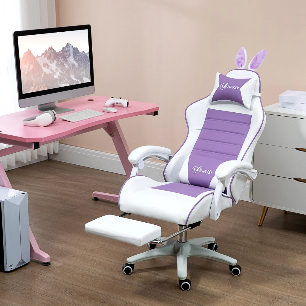 Sedia Gaming con Orecchie da Coniglio, Poggiapiedi, Cuscini, Reclinabile e Altezza Regolabile, Viola
