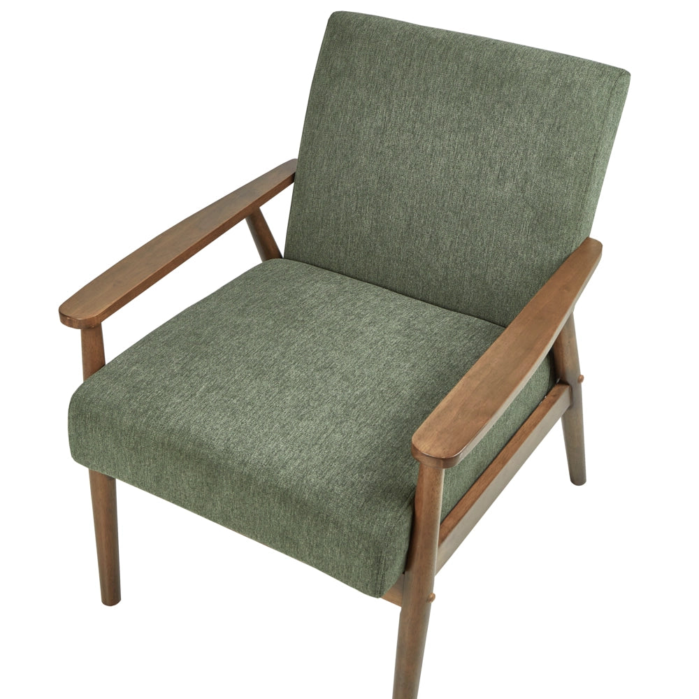 Poltrona da salotto con rivestimento in tessuto boucle verde scuro con struttura in legno stile retrò