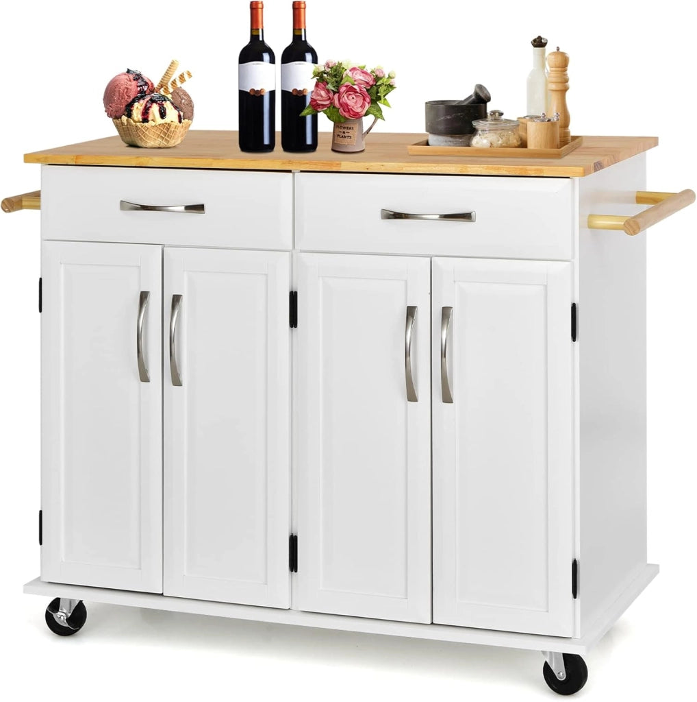 Carrello da cucina con piano di lavoro in legno di gomma con 2 armadi e ripiani regolabili, 2 cassetti grandi, portasciugamani laterali, armadio con ruote, 122 x 48 x 92,5 cm (bianco)